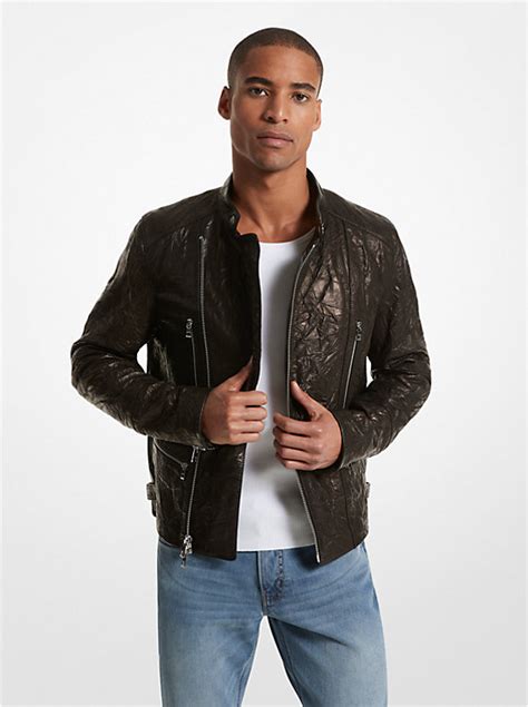 michael kors crinkled leather crinkled|Crinkled Leather Biker Jacket .